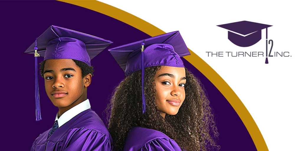Two young students in purple graduation caps and gowns standing back-to-back against a stylized purple and gold curved background.